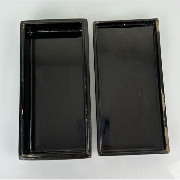 Vintage Oriental Black Lacquer Iridescent Mother Pearl Inlay Lidded Trinket Box - Picture 12 of 16